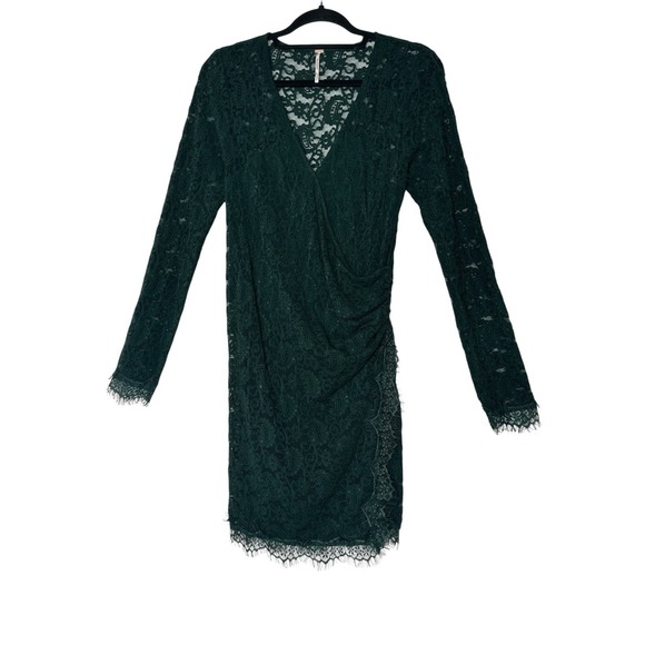 Free People Dress Women's Small Mini Dark Green Lace Faux Wrap Long Sleeve Sheer - Picture 2 of 11
